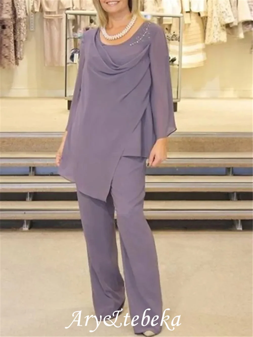 Duas peças pantsuit mãe da noiva vestido mais tamanho colher pescoço até o chão chiffon manga longa com miçangas ruching