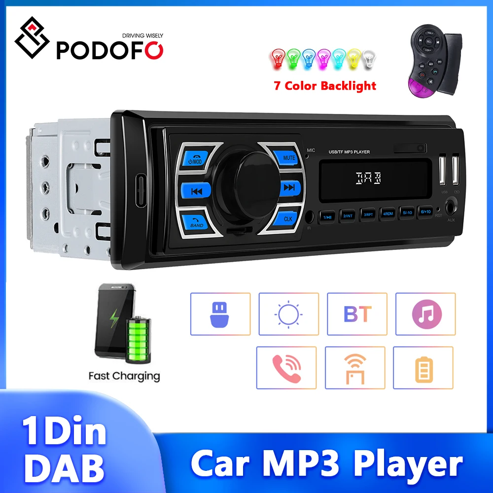 

Podofo 1Din DAB MP3 Player U disk/AUX In/TF Card/USB Type-C Charging Double Bluetooth RCA Audio 12V Car Stereo MP3 Car Radio