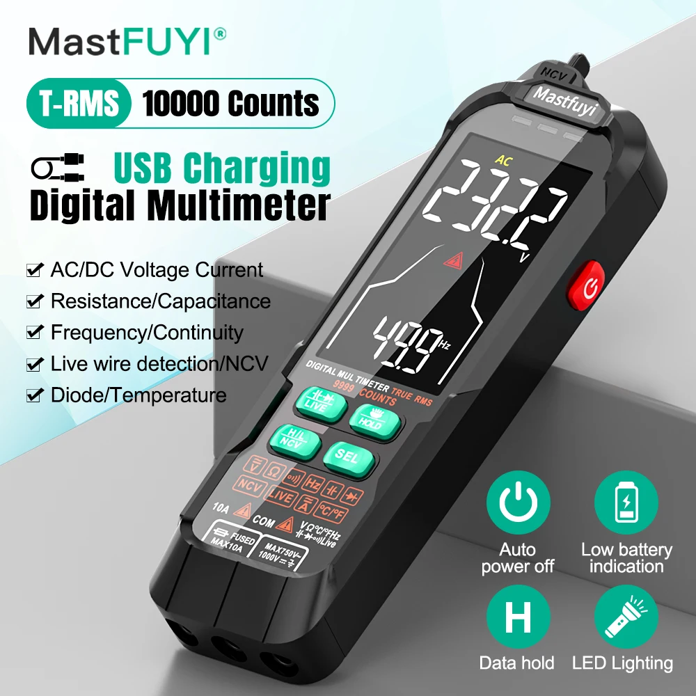 MASTFUYI Multifunction Digital Multimeter AC & DC Voltage & Current, Resistive Capacitance True RMS, Rechargeable Multimeter