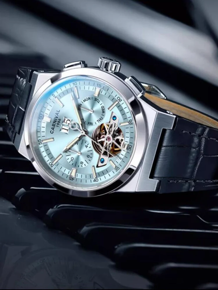CARNIVAL Sky Blue Tourbillon Men's Watches Top Brand Luxury Automatic Mechanical Men Sport Wristwatch Date Luminous Reloj Hombre