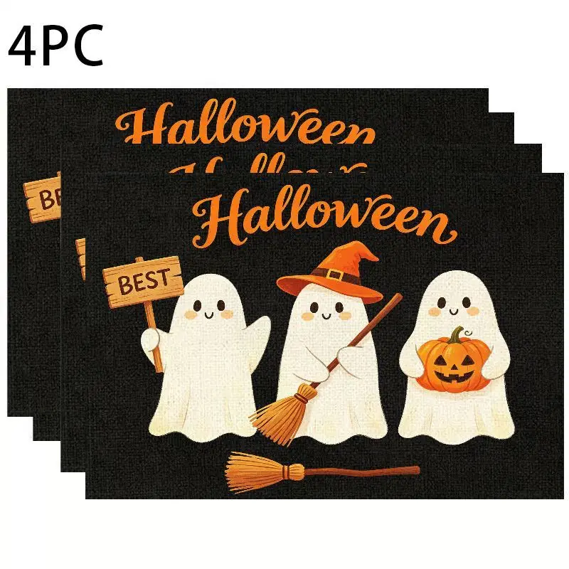 VIKAMA Halloween Party Placemat Cute Witch Ghost Holding Sign Table Mat for Dining Table Decor