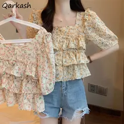 Chiffon Shirts Dames Korte mouwen Bloemen Ruches Vintage Button-up Lente Zomer Ontwerp Verleidelijke Preppy Stijl Meisjesachtig Modieus