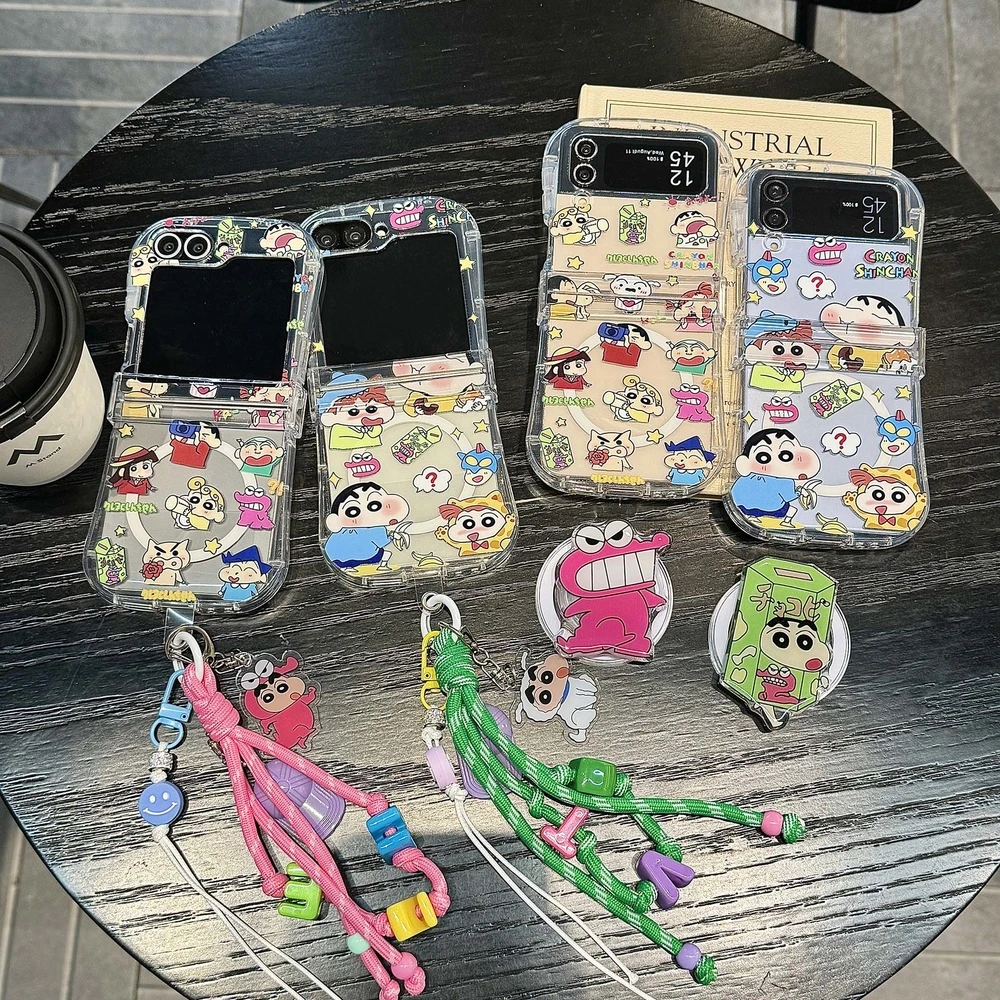 Cute Japan Anime Crayon Shin-chan Magnetic Magsafe Wireless Charge Phone Case For Samsung Galaxy Z Flip 7 6 5 4 3 Hard TPU Cover