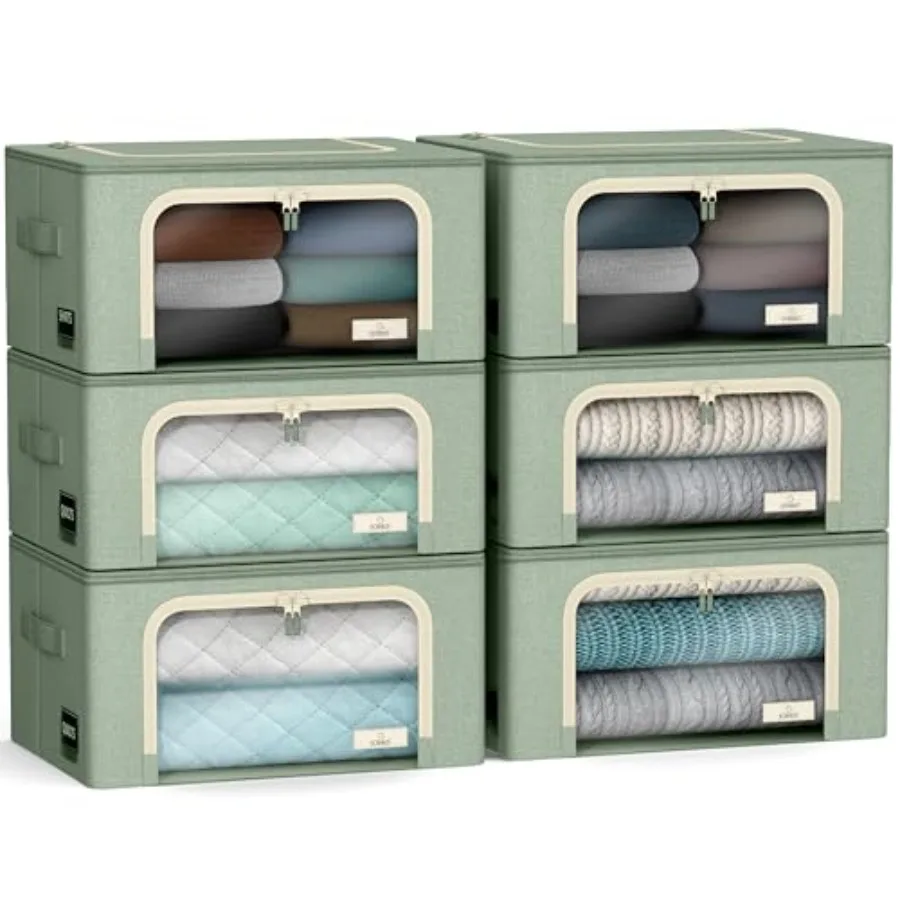 

Storage Bins with Metal Frame - Stackable and Foldable Clothes Organizer Bags - Oxford Fabric Storage Containers with Large Cle