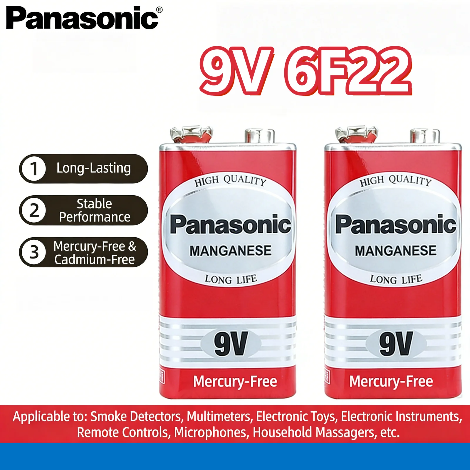 

Original Panasonic 6F22ND 9V Battery, Mercury-Free Alkaline Long Life Power for Smoke Detector Alarm Clock Wireless Microphone