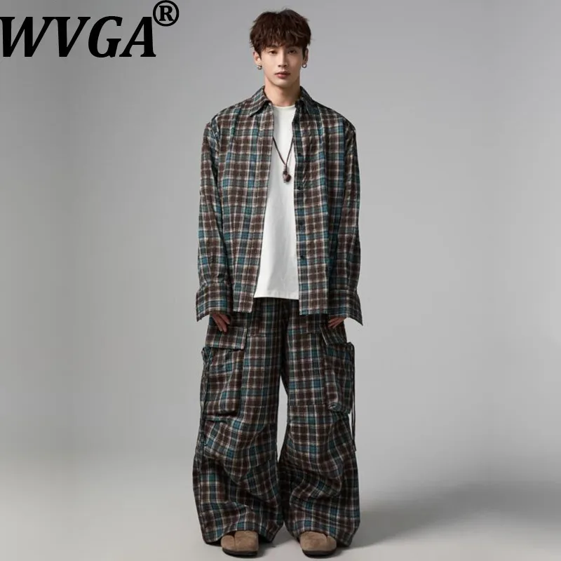 

WVGA Spring Autumn New Man Tide Vintage Plaid Trendy Long Sleeved Shirts Niche Chic Casual Wide-Leg Pants Two Pieces Set W12420