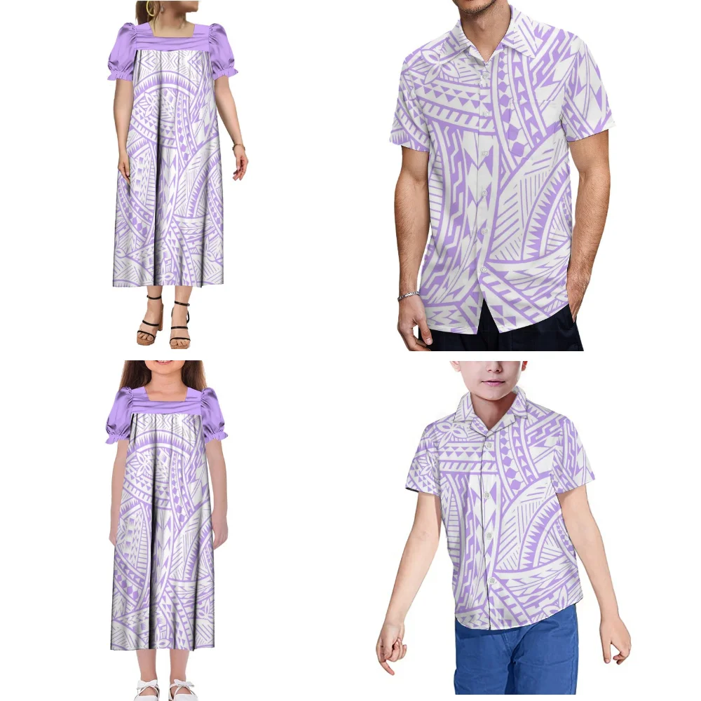 ชุดลำลองสำหรับครอบครัวช่วงฤดูร้อนสำหรับผู้หญิงและเด็กผู้หญิง คอเหลี่ยม แขนสั้นทรงหลวม พร้อมเสื้อเชิ้ตผู้ชายสไตล์โพลินีเซียนแบบสั่งทำ (รวมภาษี)