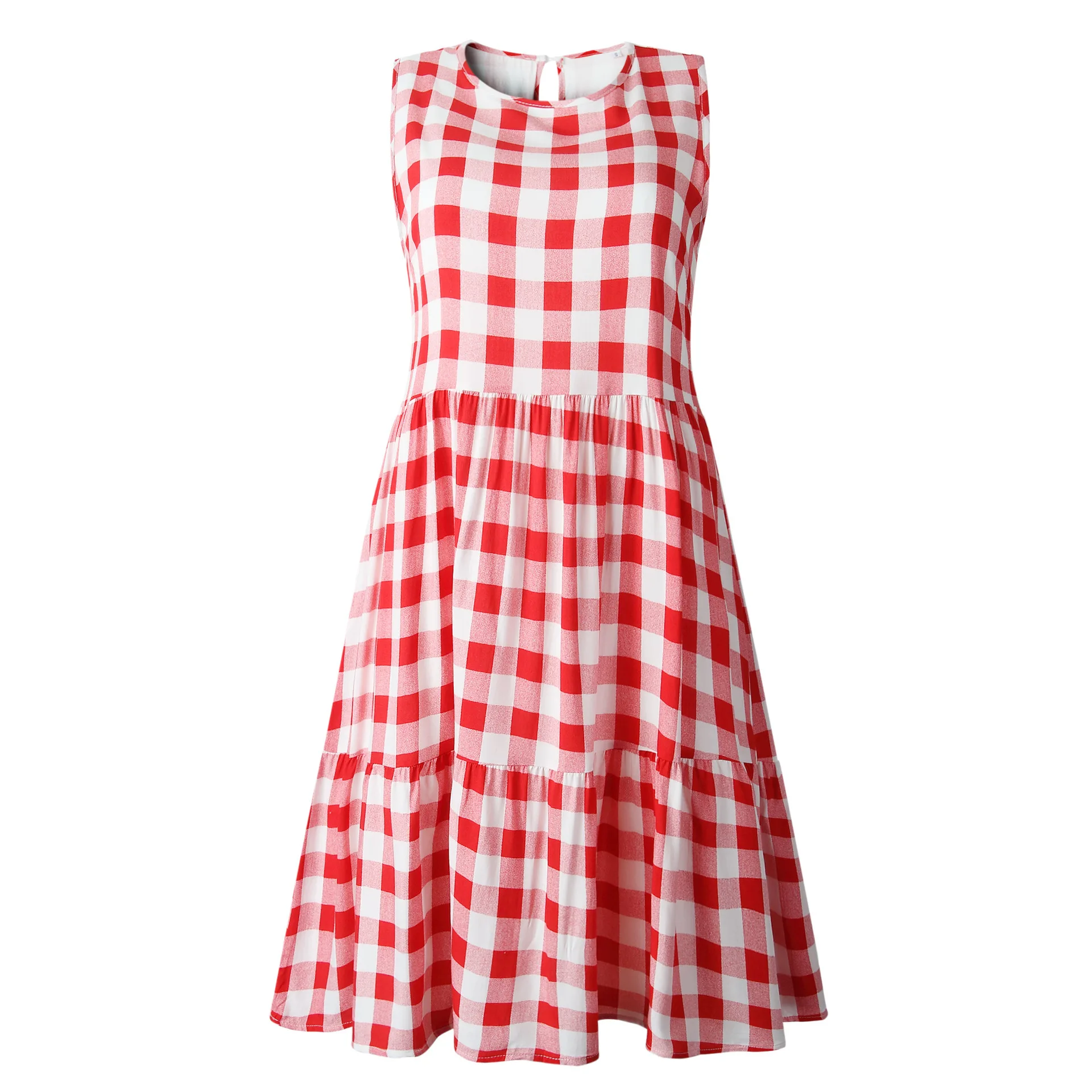 Vestido feminino em guingão sem mangas em camadas, gola redonda e silhueta fluida, vestido casual elegante