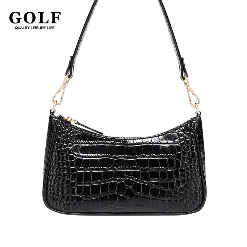 

GOLF Women's Hobo Bags Designer Luxury Female Black Shoulder Bag New Handbag Genuine Leather Underarm Crocodile Pattern Fashion