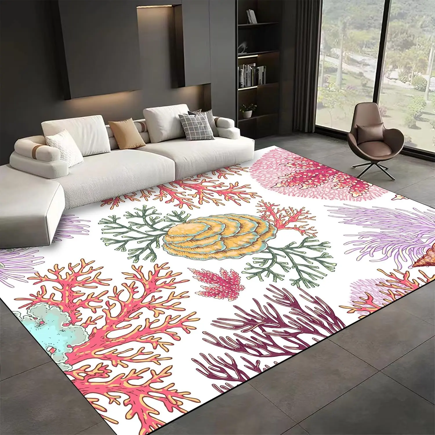 

Pink Coral Ocean Rugs for Living Room,Nautical Coastal Beach Hallway Carpets,No Crease Soft Durable Kitchen Mat, Easy Clean Low