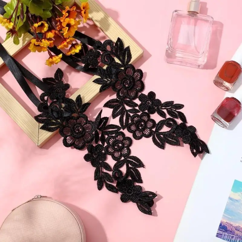 A52E Sexy Lace Embroidery Anklet with Toe Ring Romantic Floral Barefoot Sandals Slave Anklet Bridal Wedding Foot Jewelry