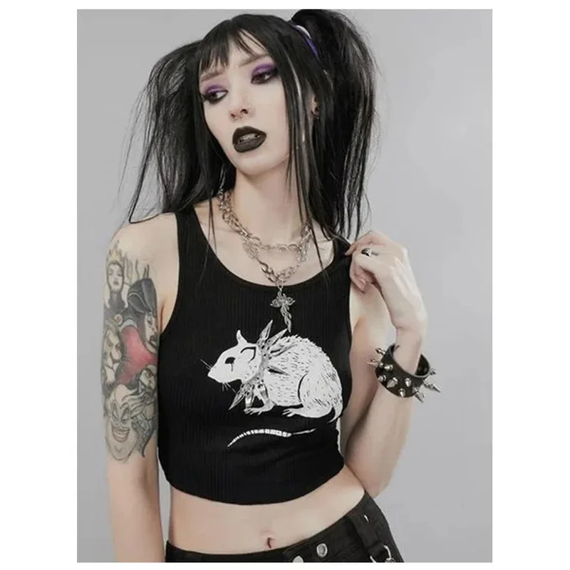 

JINIA черная майка с принтом мыши, готические сексуальные облегающие укороченные топы, женская уличная одежда в стиле Харадзюку, вязаная базовая майка с круглым вырезом
