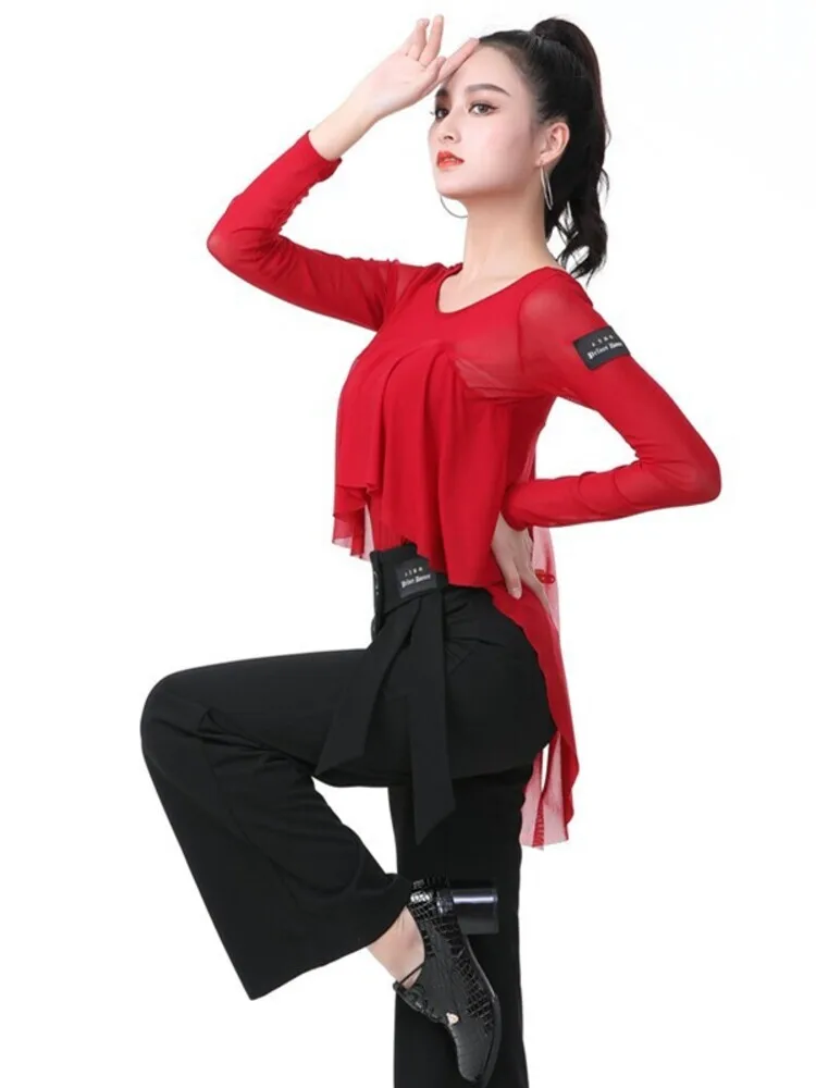 

Mesh Ballroom Modern Dance Ballet Clothes Classical Costume Elegant Street Belly Party Tops Events Practice Ruffle Wear Jazz