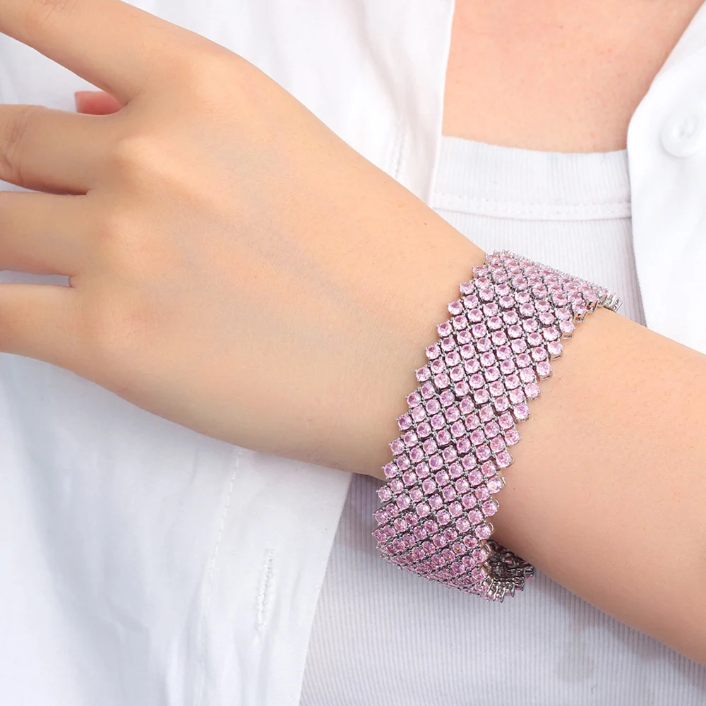 CWWZircons Luxury Stunning Multiple Pink Cubic Zircon Big Wide Tennis Bracelet Bangle for Women Wedding Party Jewelry Gift S0219
