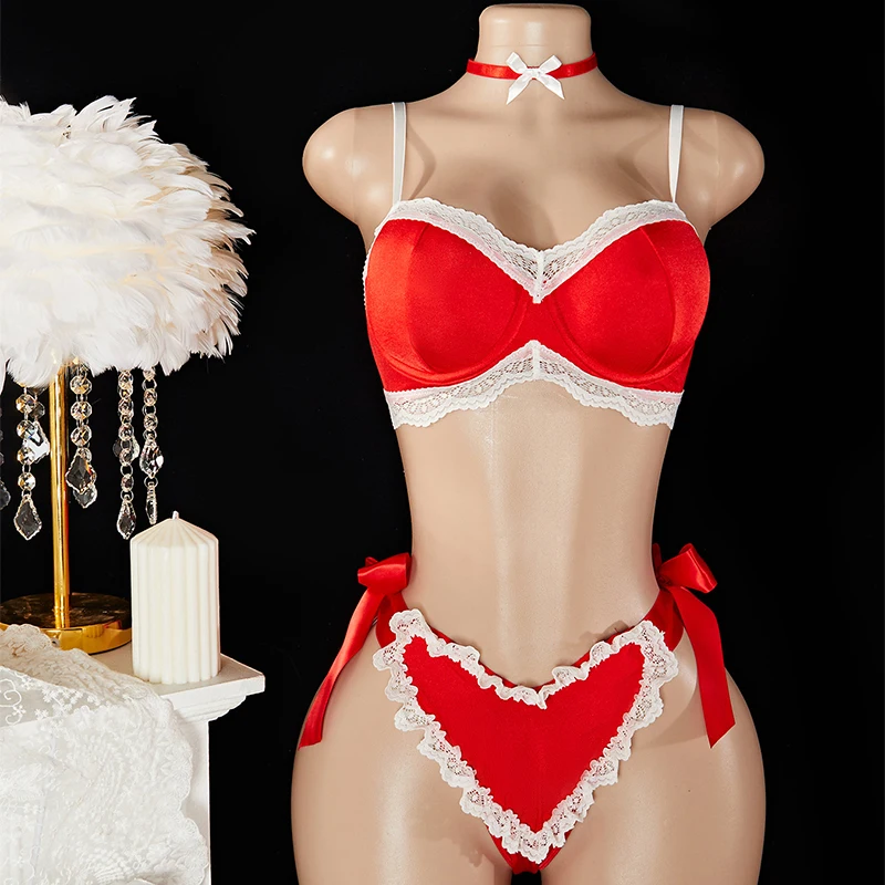 

Women's Lace Trim Lingerie Sets Sexy Push Up Bras with Tie-up Thongs 2pcs Erotic Set for Christmas Valentine's Day