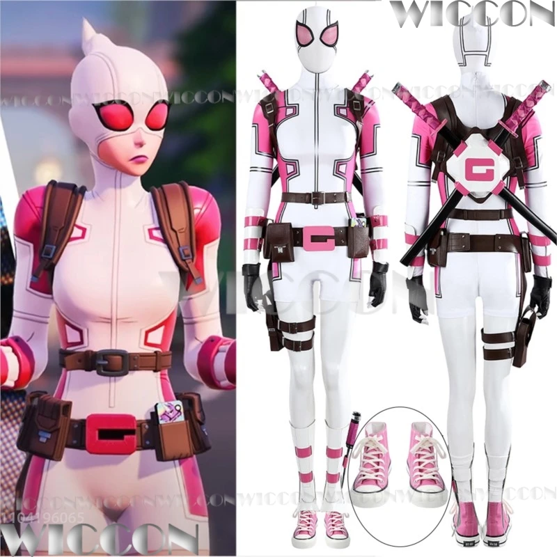 Gwen Poole Pool Anime Game Forttnnitte Pink Ghost Cosplay Costume Pink Jumpsuit Shoes Women Girl Holloween Roleplay Customized