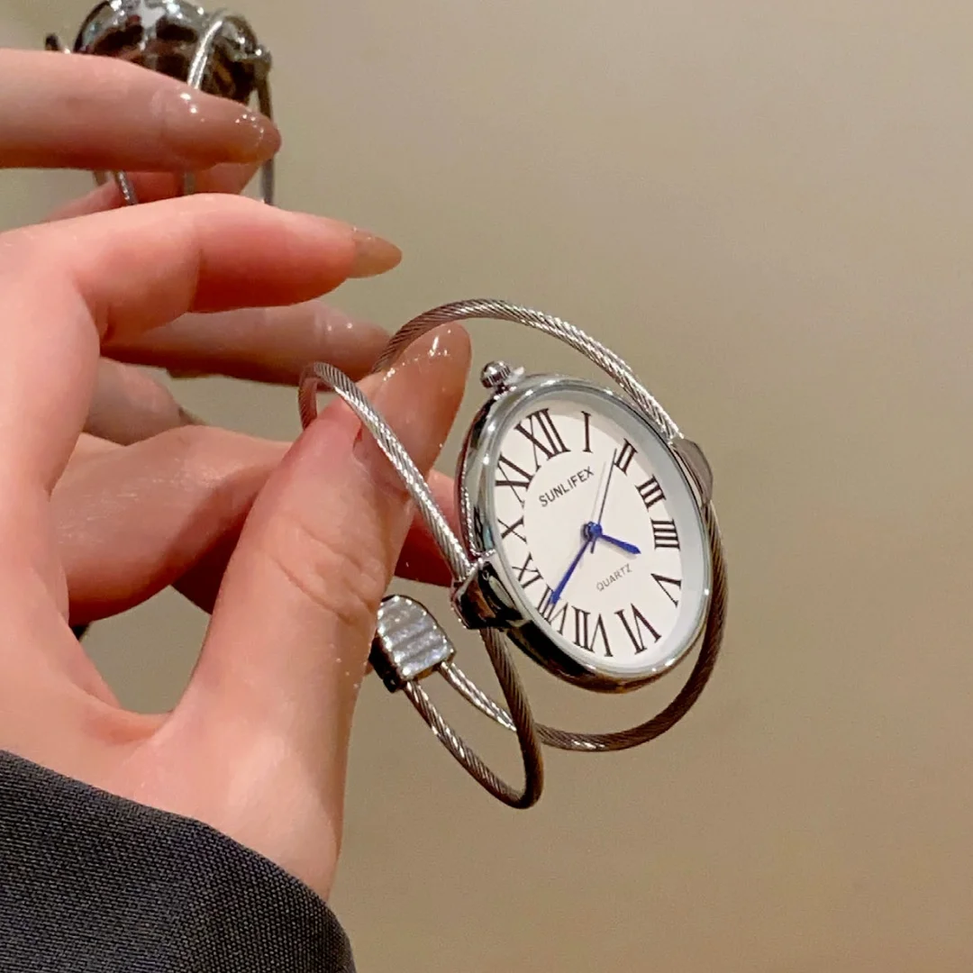 Feminino pulseira relógio escala romana oval dial aberto pulseira relógios das mulheres moda ouro prata vestido relógio de pulso das senhoras relojes