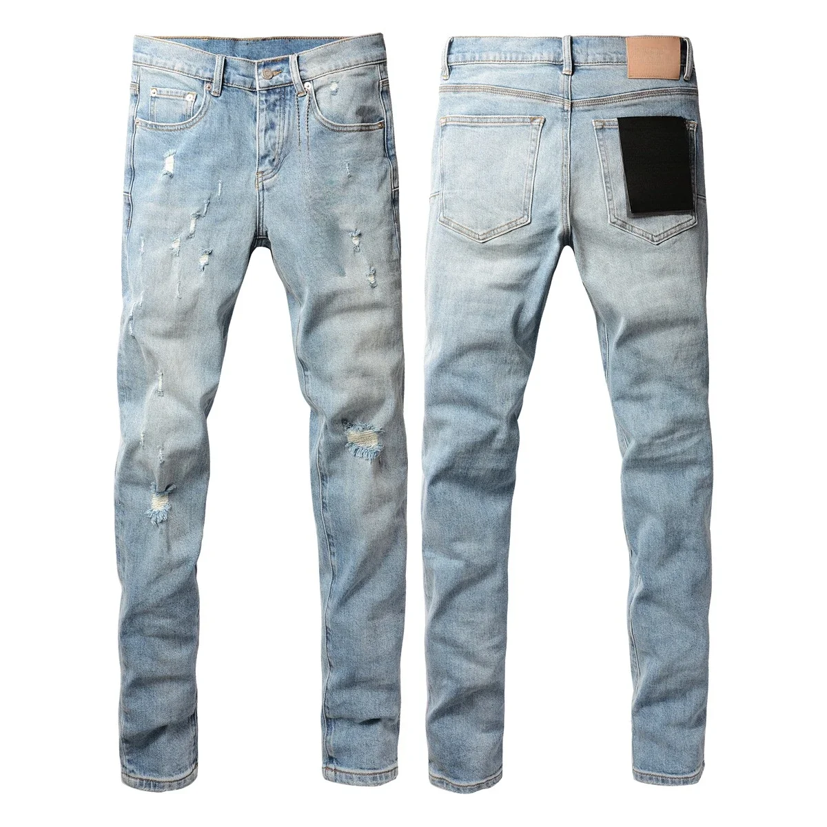 

Jeans Light Blue Distressed Slim Fit Denim Pants Trendy Streetwear Comfortable Durable Mid-Rise Casual Stretchable Fashionable