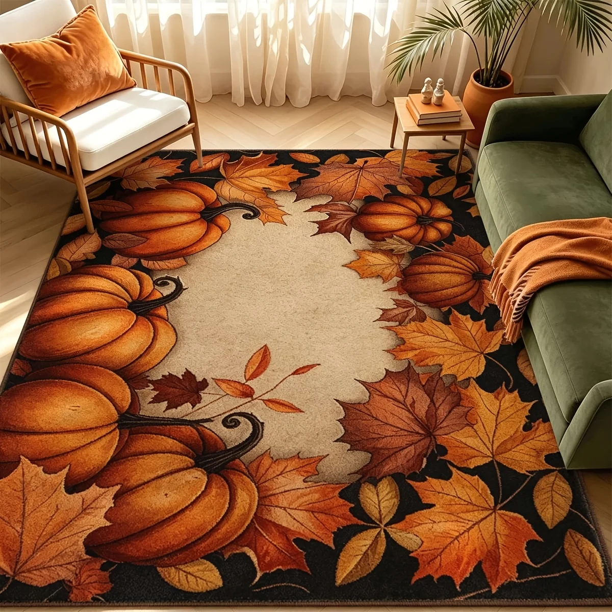1pc 2D Printed Autumn Pumpkin & Maple Leaf Patio Rug, Non Slip, Washable & Quick Dry, Skin-friendly, for Entryway, Balcony