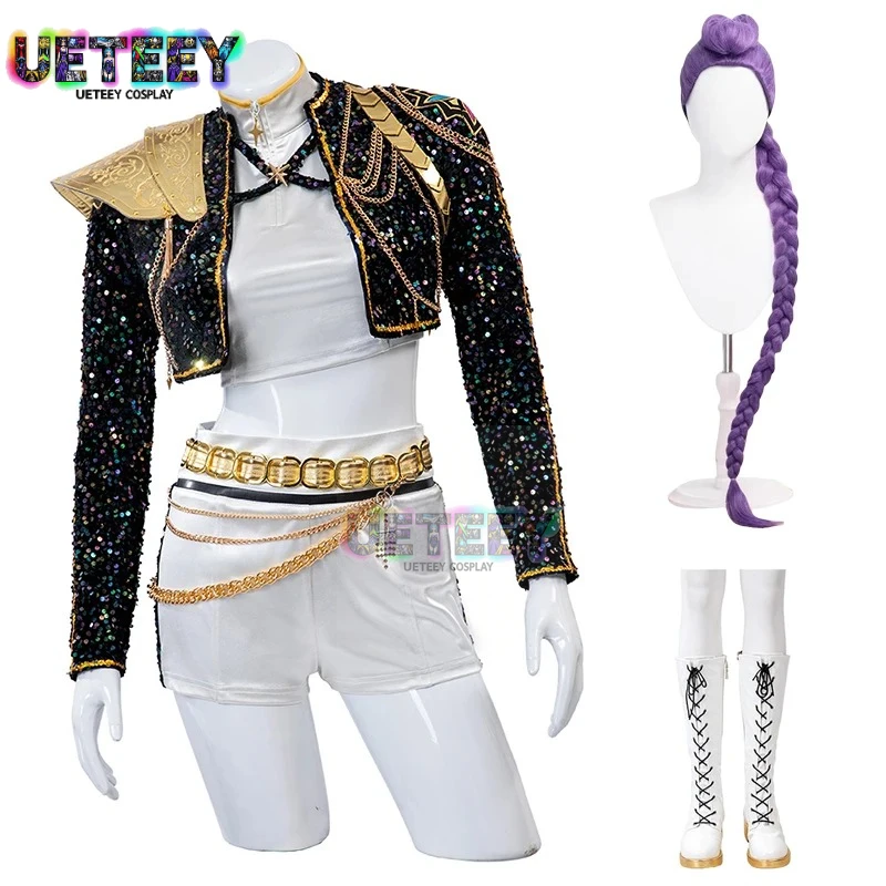 UETEEY-Disfraz de KPop Rumi para mujer, peluca, zapatos, abrigo negro, traje para cantar, disfraz de promoción de canciones, traje de rol para fiesta de Halloween