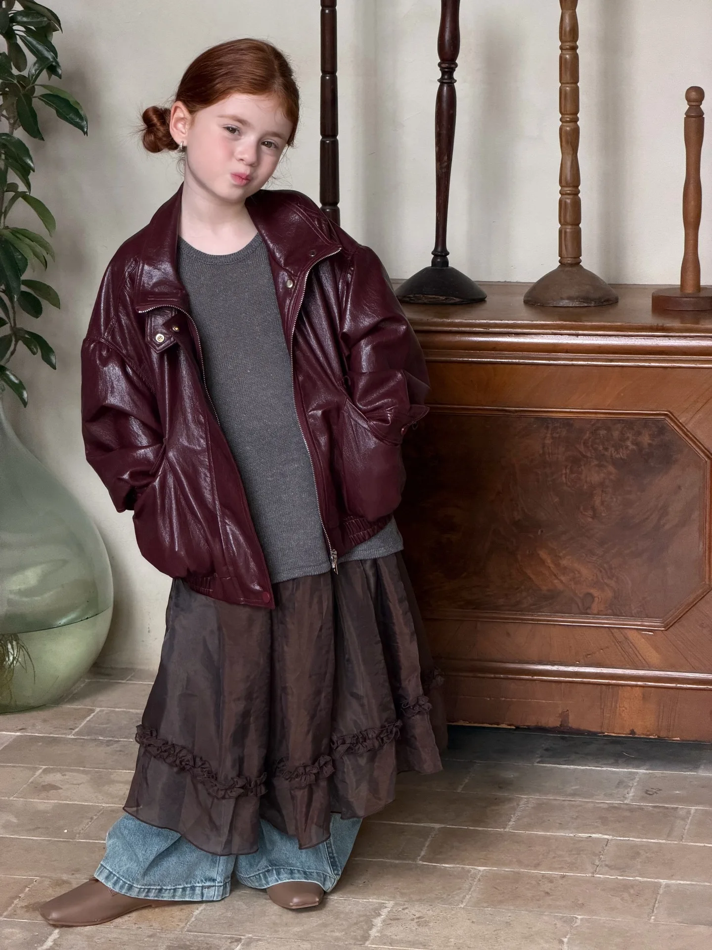 Korean Kids Clothing 2026 Autumn New Girls Jacket Retro Shiny Leather Wine Red Leather Jacket Short Jacket Boutique Clothing