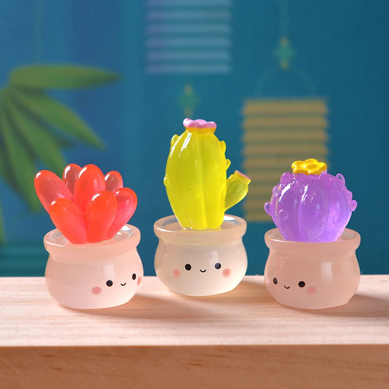 

New Mini Luminous Resin Cactus Figurines Bonsai Decor Creative Home Micro Landscape Auto Interior Car Ornament Accessories