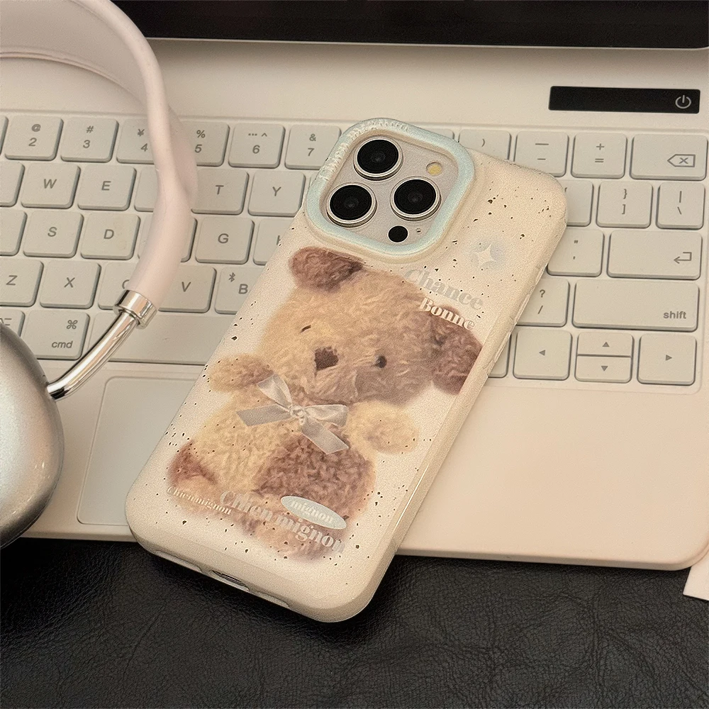 Korean Ins Cute Cartoon Little Bear Boll Phone Case for iPhone 15 14 13 Pro Max 12 Pro 11 Back Cover image 5