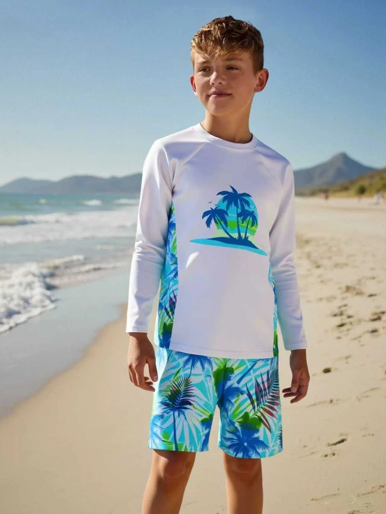 Boy Kids Swimsuit 2026 New White Long Sleeves Coconut Tree Children Swimwear Summer Two Piece Beach Wear Bathing Suit Swimming