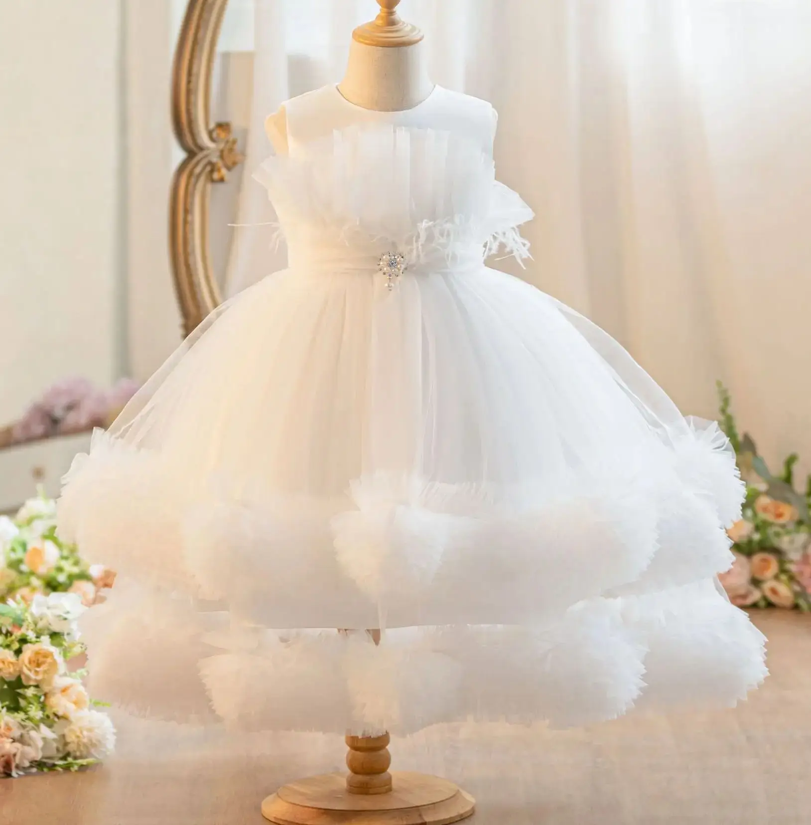 Flower Girl Wedding Party Dress Puffy Layered Girls' Princess Dresses Tulle Child White Clothing