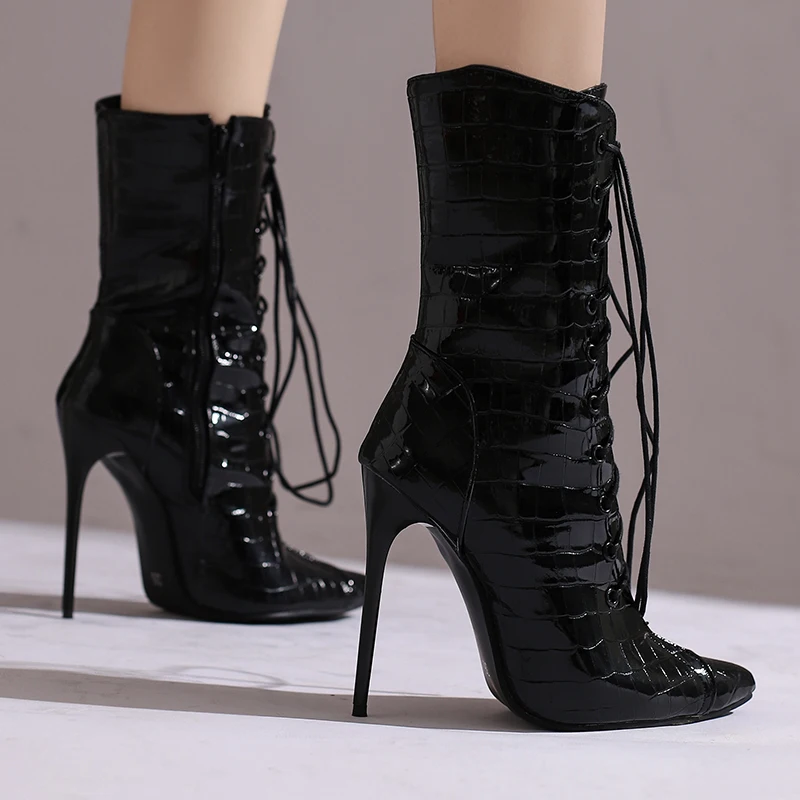 Sexy Stiletto Ankle Boots Women's Thin High Heels Shoes Alligator Pattern Patent Leather Lace Up Side Zipper 2024 Autumn Winter