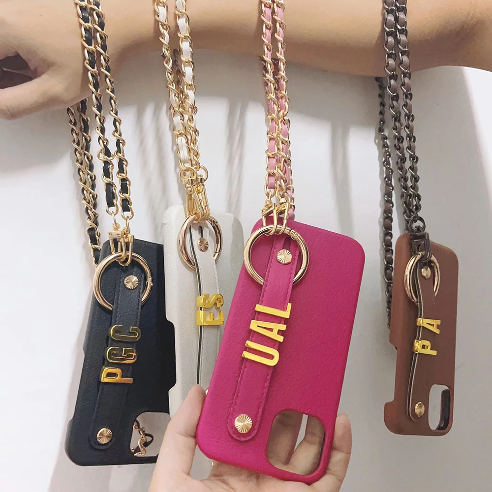 Personalised Crossbody Chain Holding Strap Custom Name Metal Letters Leather Phone Case For Iphone 15 14 13 12 11 Pro Max Cover