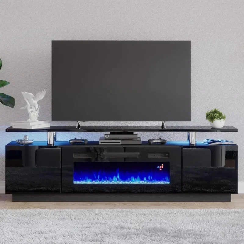 

Fireplace TV Stand with 36" Fireplace, 70" Modern High Gloss Entertainment Center LED Lights, 2 Tier TV Console Cabinet