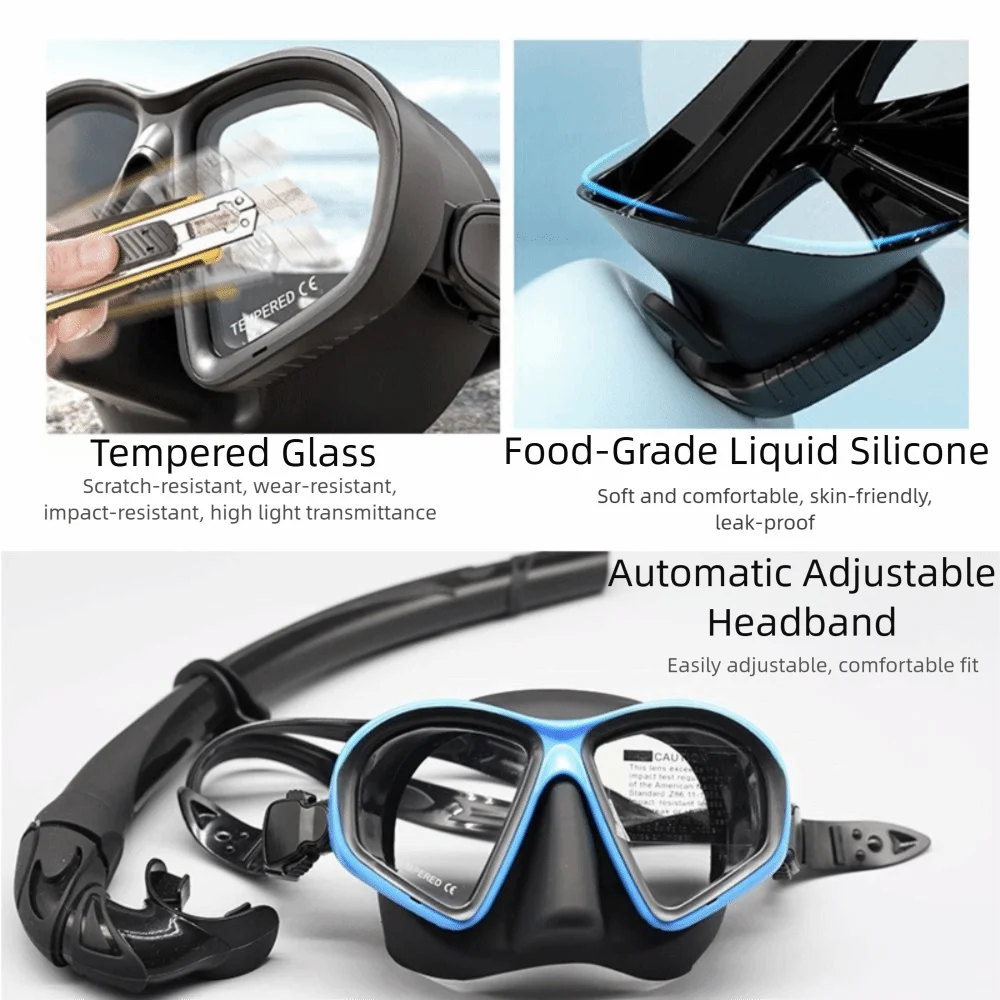 Tempered Glass Freediving Mask Foldable Snorkel Waterproof Snorkeling Set Low Volume Anti-Fog Professional Freediving Mask