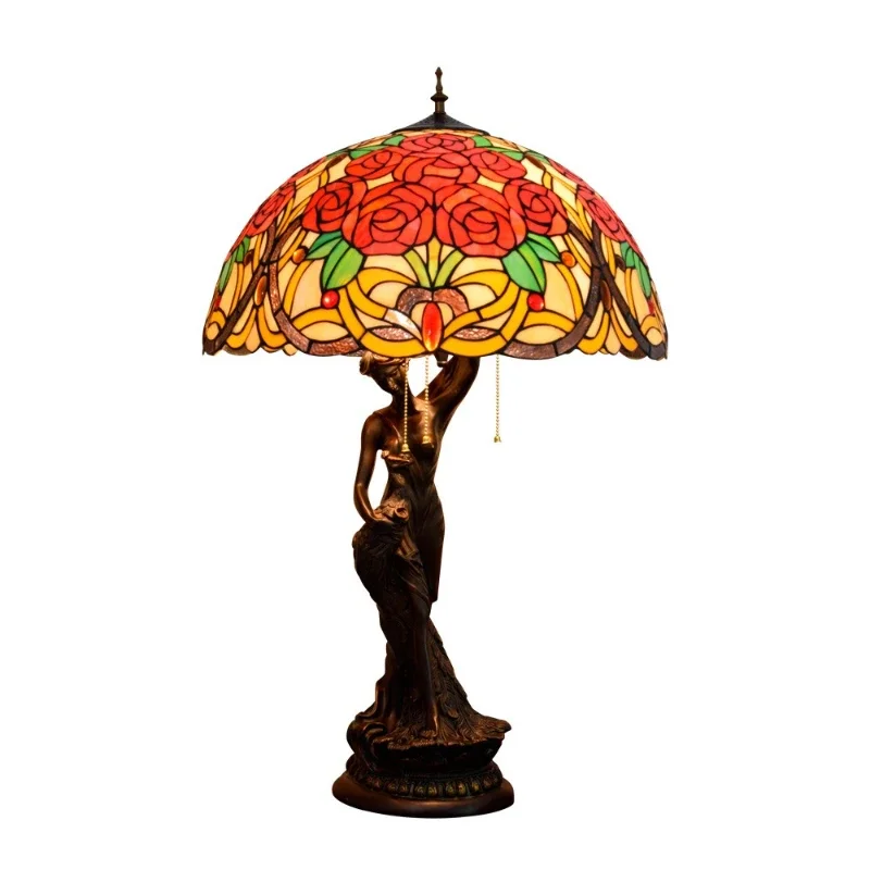 

European retro creative rose decoration European Tiffany stained glass retro living room beauty large table lamp