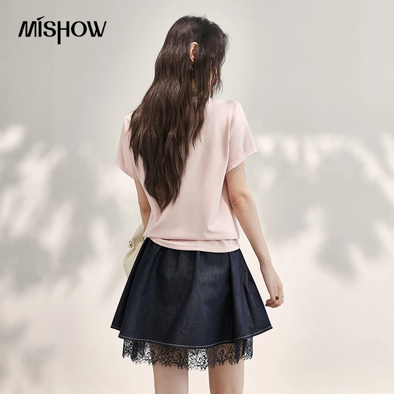 MISHOW Pink Short Sleeved T-Shirt Women's Oil Painting Print 2026 Summer Loose Tee Flower Applique Casual Design Top MXF27T1671
