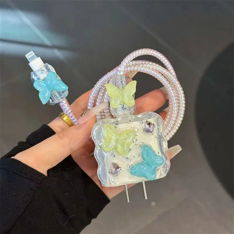 Korean Cute 3D Butterfly USB Cable Protector Cover For iPhone 18W-20W Data Line Bite Head Cord Flower Fast Charging Case