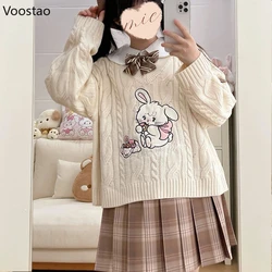 Sweet Lolita Style Knitted Pullovers Women Kawaii Cartoon Bunny Embroidery Sweater Coat Girl Cute V-Neck JK Uniform Knitwear Top