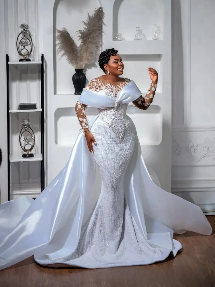 Customized  Shinny Beads Applique Wedding Dress with Removable Skirt  Robe De Mariée Full Sleeves Plus Size  Bridal Gown