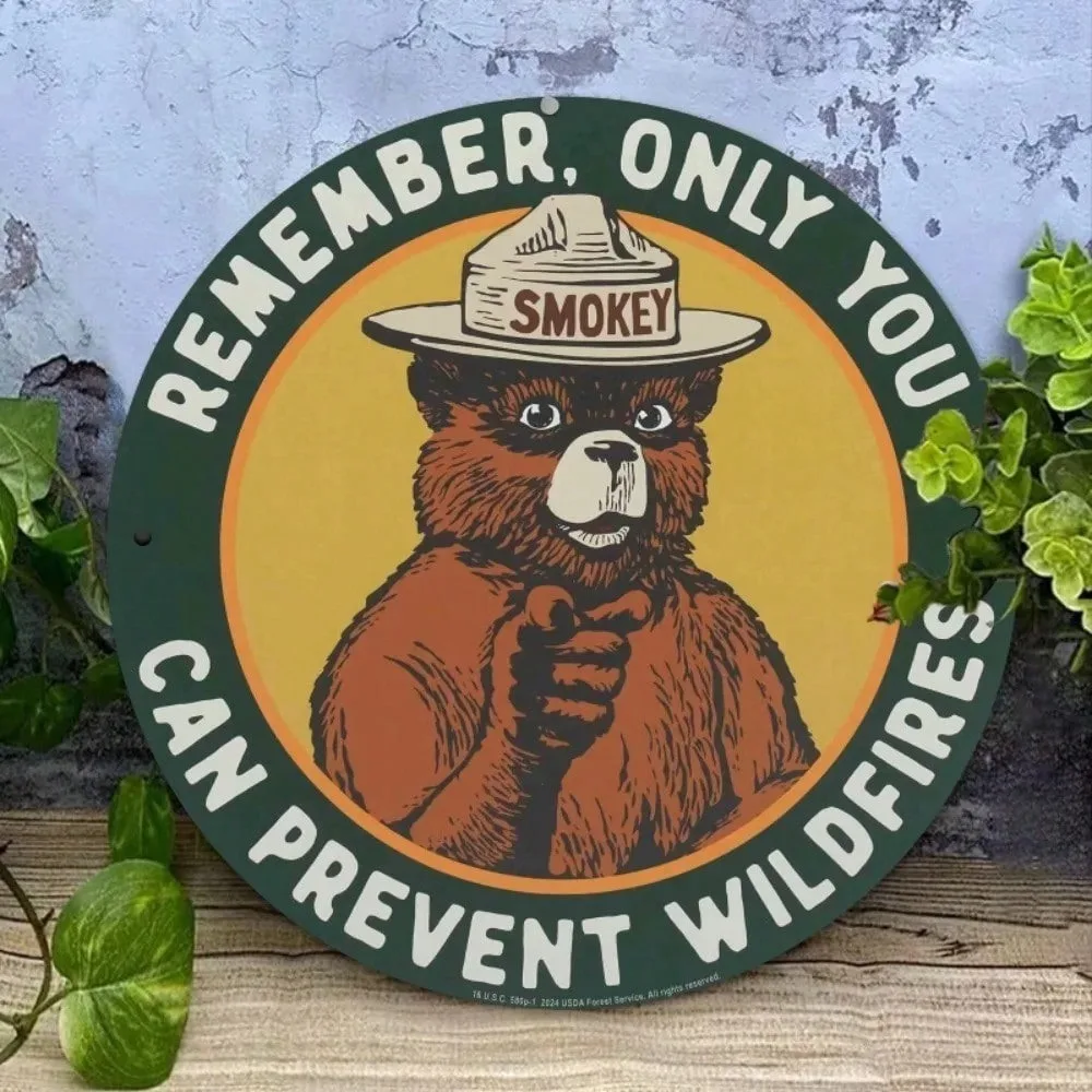 Vintage Smokey Bear “Only You Can Prevent Wildfires” Round Metal Tin Sign – 2D Flat Products Design with Enhanced Depth & Artist