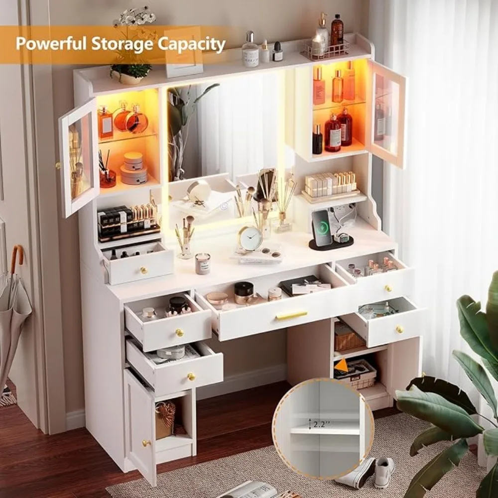 Vanity Desk with Mirror, Make up Vanity Mirror with 3 Lights Mode and Brightness Adjusted, 6 Drawers,4 cabinets,2 RGB cabinets image 3