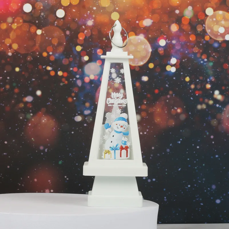 สามเหลี่ยม Tower คริสต์มาส Santa Claus Snowman โคมไฟ LED แขวนแสงเทียนโคมไฟน้ํามัน Xmas Party Home Decor Props