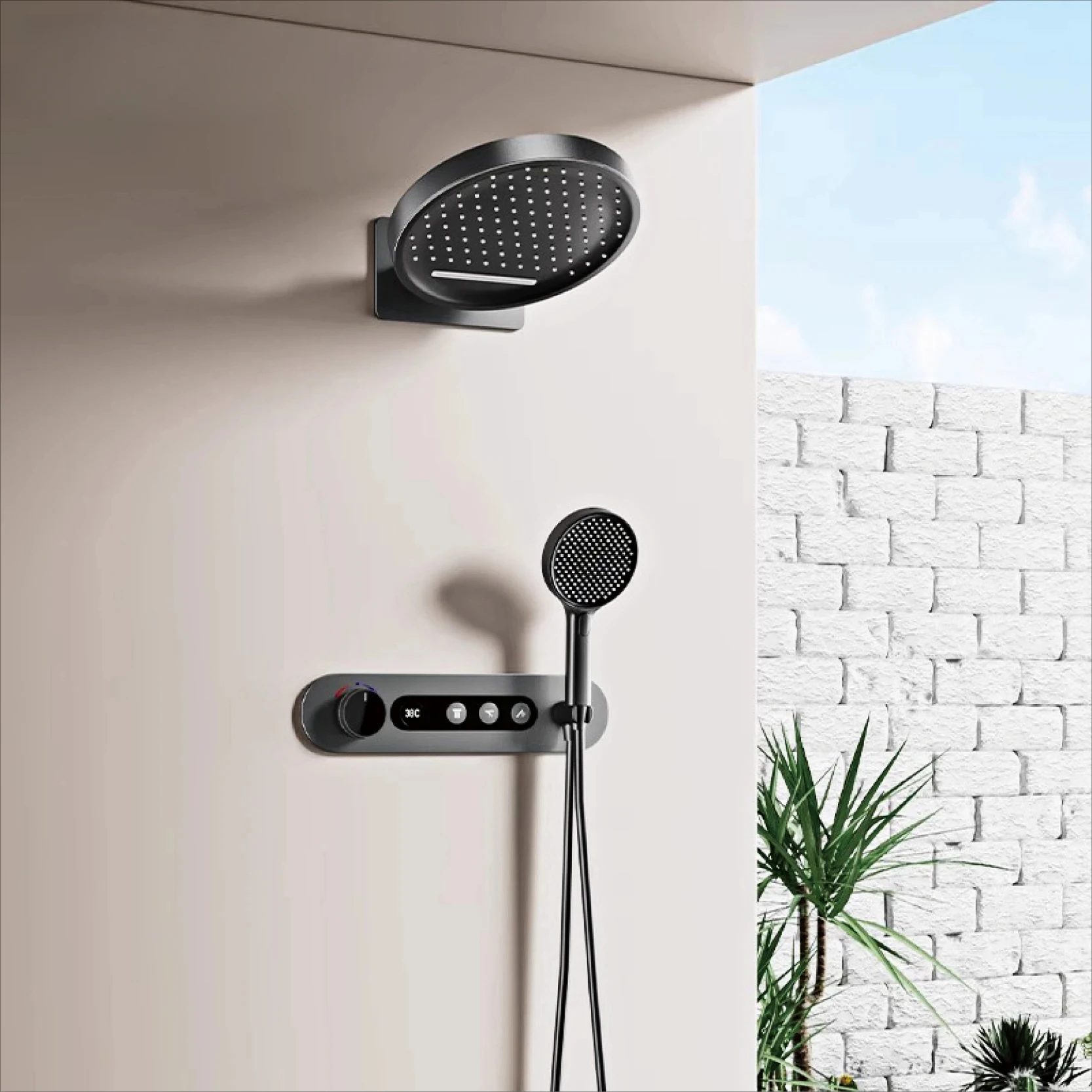 

Термостатический душевой набор из латуни Gun Grey, настенный дождевой набор со светодиодным дисплеем, противоожоговая душевая система с 3 режимами распыления для ванной комнаты