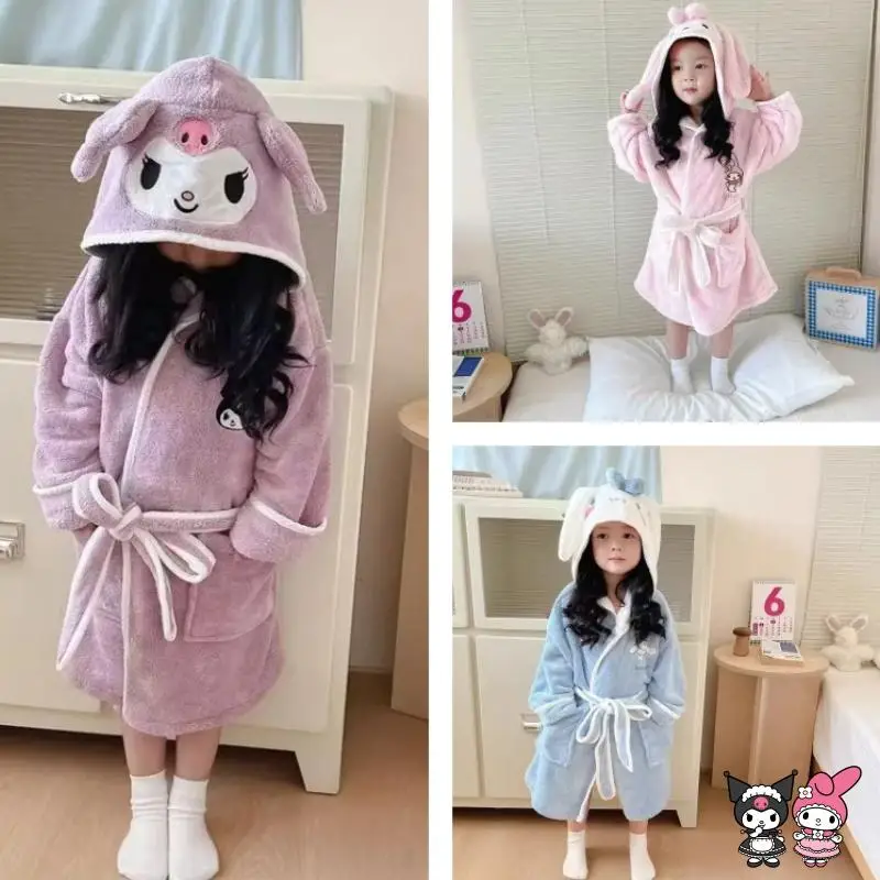 

Sanrio детский халат Kuriomi My Melody Cinnamoroll, новый детский коралловый бархатный домашний абсорбирующий быстросохнущий теплый халат с капюшоном, подарок