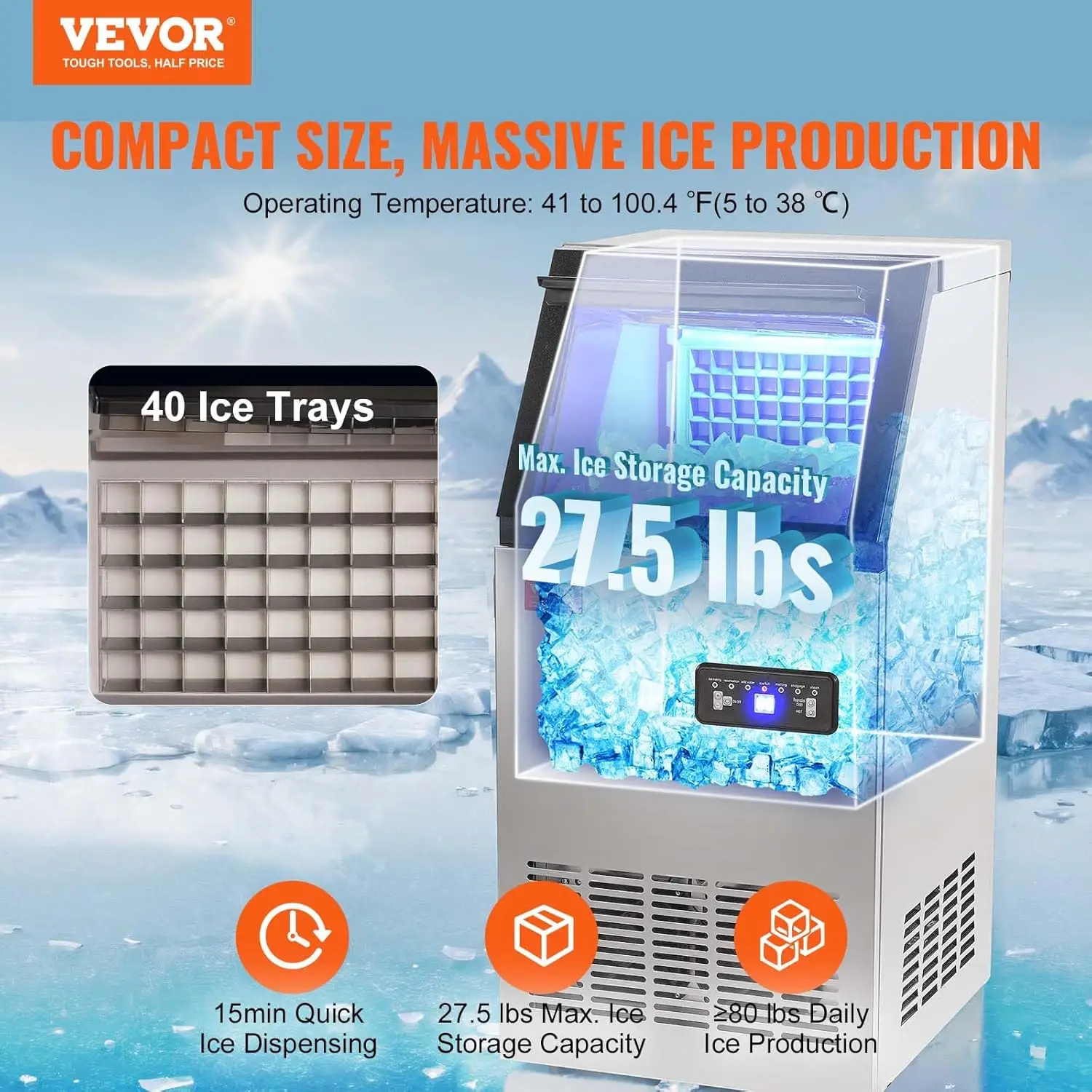 Ice Maker Machine, 80lbs/24H Ice Maker Machine with 27.5lbs Storage Capacity, 40 Ice Cubes in 12-15 Minutes, LE