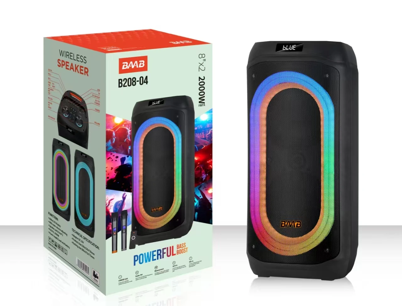 

B208-04 Outdoor Party Box Speaker 60W TF USB For RGB LED Lighting Remote Control 45000mAh Battery