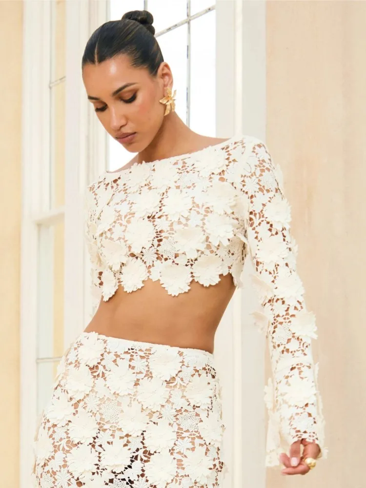 Swimwear Skirt Cover-up 2 Piece Set Women Crop Tops And Maxi Skirt Bathing Suit Fashion Solid Hollow Sexy Beach Cover Up Outfits