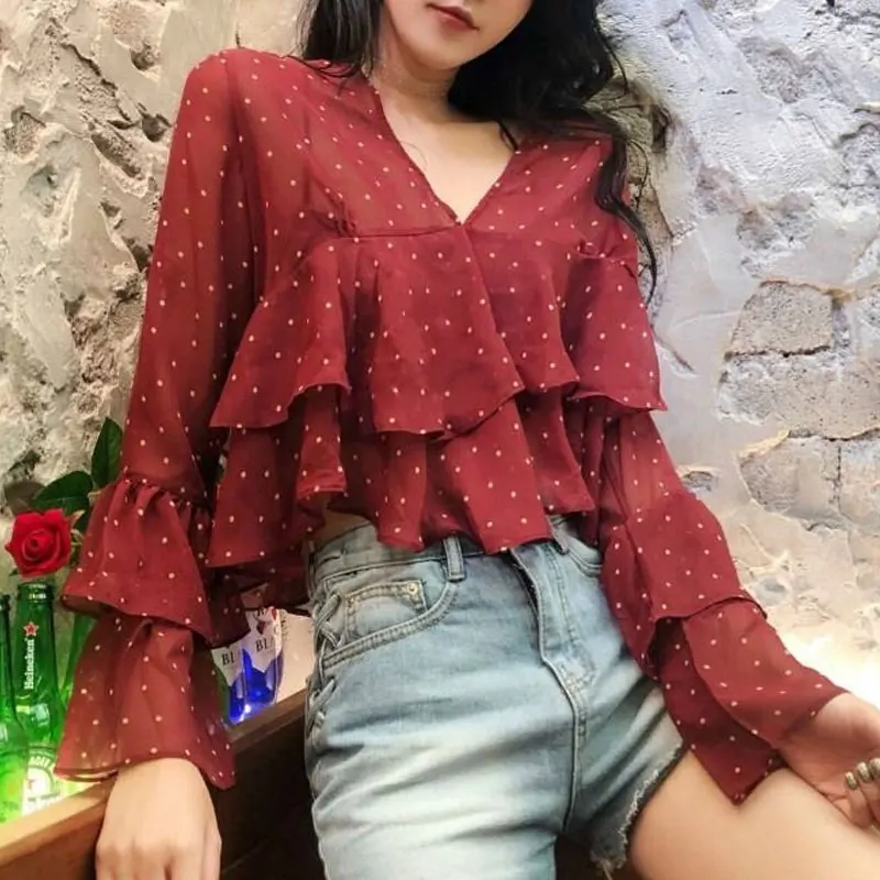 Blusa de manga larga con volantes para mujer, ropa holgada con pliegues elegantes, camisa coreana de gasa con lunares que combina con todo,