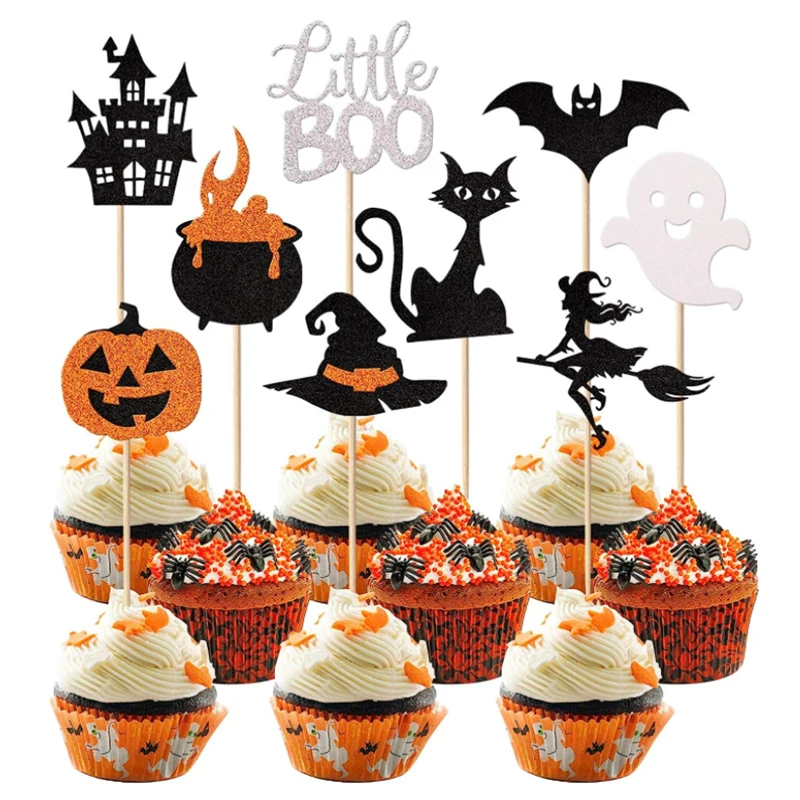 1set Halloween Cupcake Toppers Pumpkin Cupcake Wrappers Bat Witch Design Spiderweb Cupcake Toppers Toothpicks Party Faovrs