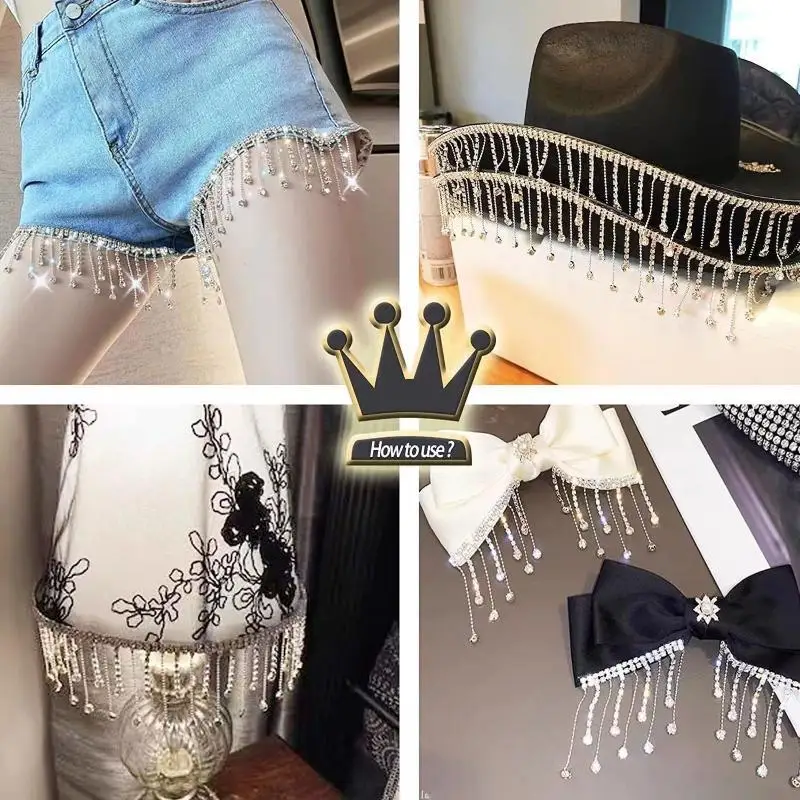 

Rhinestone Crystal Fringe Trim Shiny Tassel Ribbon Chain for DIY Costume Bag Shoe Hair Accessory Decoration