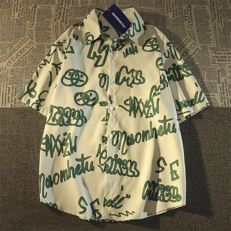 Vintage Hong Kong Style Graffiti Short-sleeved Shirt 2024 Summer New Women's Coat Loose Lazy Style Fashion Temperament Shirt Top